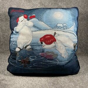 Coca-Cola Throw Pillow Blue Polar Bear Winter Tapestry Decorative Square 16x16